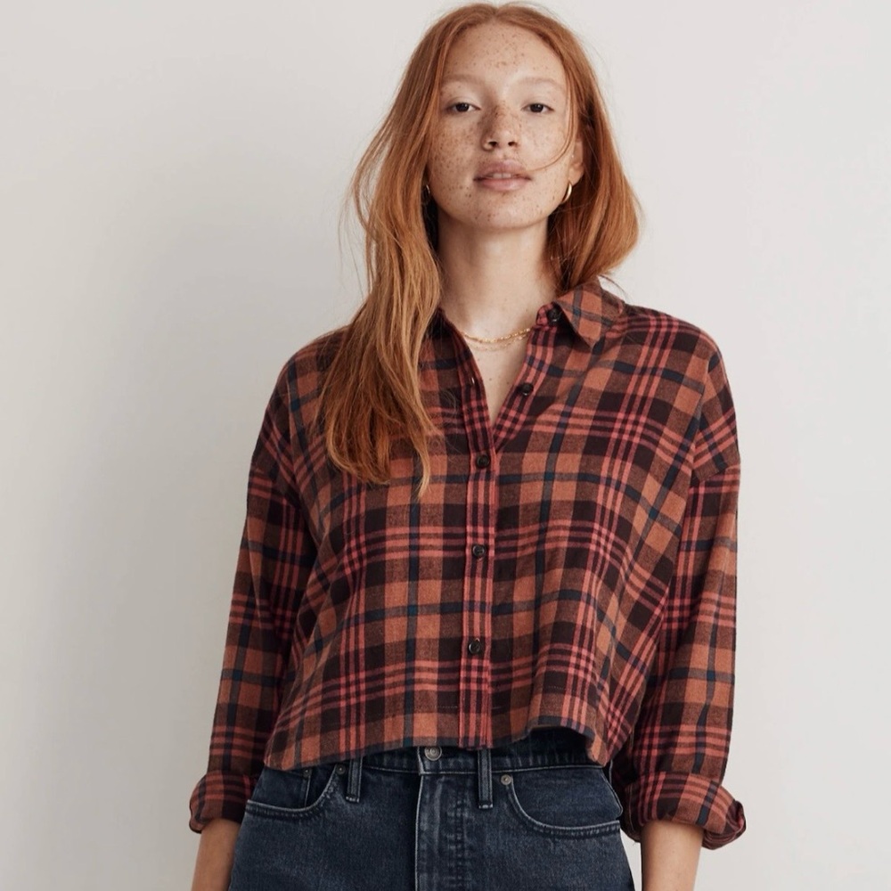 Madewell Flannel Long-Sleeve Crop Shirt in Plaid Size XXS